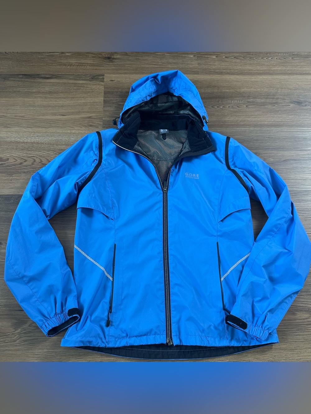 Gore Running Full Zip Jacket Zip Off Sleeves Hood Blue Women Medium Windstopper